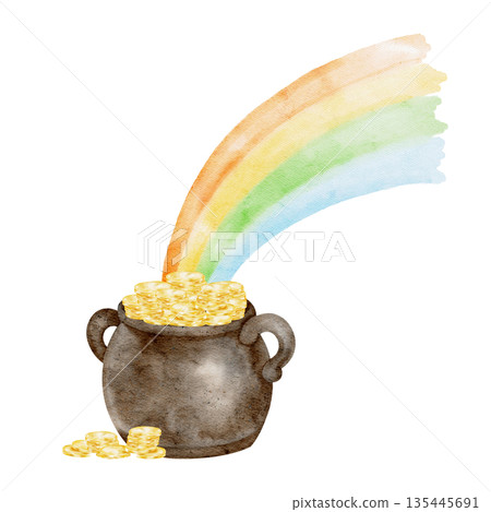 Pot of gold with flowing rainbow, hand painted watercolor clipart featuring Irish folklore symbols. Ideal for St Patricks Day decorations, greeting cards, posters, scrapbooking, apparel Pot of gold with flowing rainbow, hand painted watercolor clipart featuring Irish folklore symbols. Ideal for St Patricks Day decorations, greeting cards, posters, scrapbooking, apparel 135445691