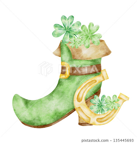 Green leprechaun boot with shamrocks and gold buckle accents, hand painted watercolor clipart. Great for St Patricks Day invitations, kids crafts, stickers, greeting cards Green leprechaun boot with shamrocks and gold buckle accents, hand painted watercolor clipart. Great for St Patricks Day invitations, kids crafts, stickers, greeting cards 135445693