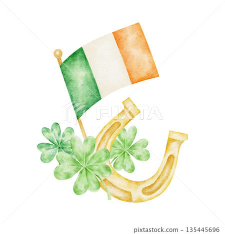 Green, white and orange Irish flag with golden horseshoe and shamrock cluster, hand painted watercolor clipart. Perfect for St Patricks Day decorations, greeting cards, flyers, apparel Green, white and orange Irish flag with golden horseshoe and shamrock cluster, hand painted watercolor clipart. Perfect for St Patricks Day decorations, greeting cards, flyers, apparel 135445696