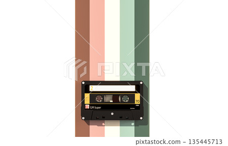 3d Cassette tape on retro striped background 135445713
