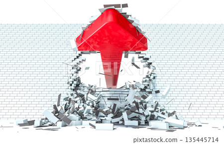 Red arrow breaking brick wall 3d background 135445714