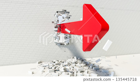 Red arrow breaking brick wall 3d 135445718