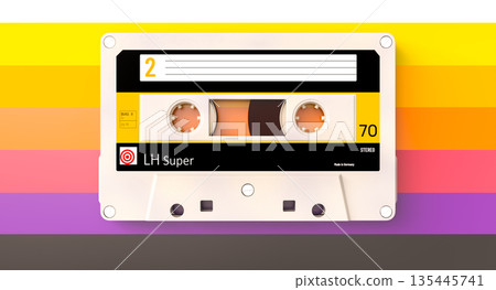 Audio cassette on bright striped retro background 3d 135445741