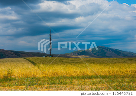 Tall communication tower in vast agricultural landscape in the middle of Kyrgyzstan Tall communication tower in vast agricultural landscape in the middle of Kyrgyzstan 135445781