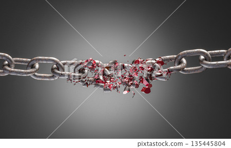 3d Metal chain breaking red fragments 135445804
