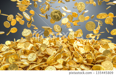 Golden coins raining down 3d 135445809