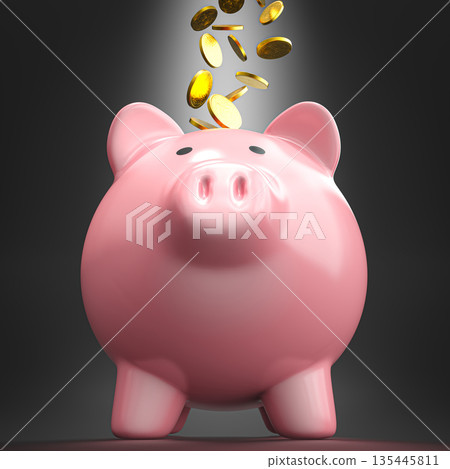 Pink piggy bank receiving gold coins 3d 135445811