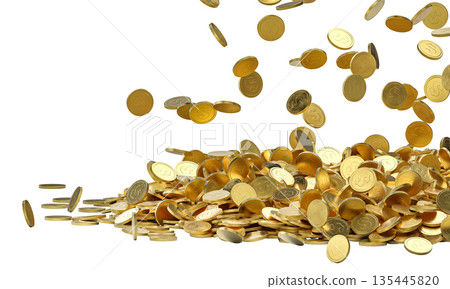 Gold coins falling transparent background 3d 135445820