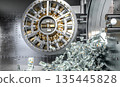 Bank vault door opening, money falling out 3d 135445828