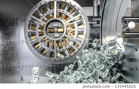 Bank vault door opening, money falling out 3d 135445828