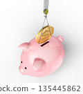 Crane lowering 3d dollar coin piggy bank 135445862