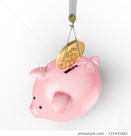 Crane lowering 3d dollar coin piggy bank 135445862