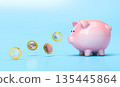 Pink piggy bank  euro coins 3d 135445864