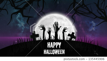 Image of happy halloween text, tombstones and hands with full moon in the background 135445906