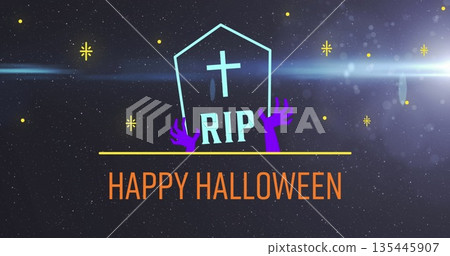 Image of happy halloween and rip text on tombstone with stars and full moon on black background 135445907