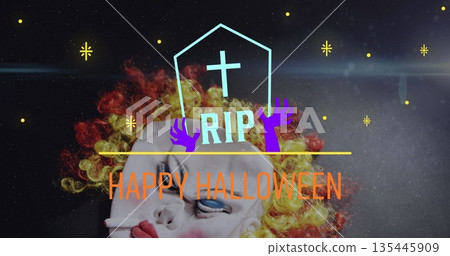 Image of happy halloween and rip text on tombstone with stars and clown mask Image of happy halloween and rip text on tombstone with stars and clown mask 135445909
