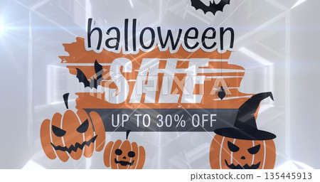 Halloween sale text banner with scary pumpkin and bats icons against glowing tunnel Halloween sale text banner with scary pumpkin and bats icons against glowing tunnel 135445913