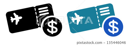 Airline ticket icon with dollar sign | UI material for overseas travel fees, payments, and foreign currency settlement Airline ticket icon with dollar sign | UI material for overseas travel fees, payments, and foreign currency settlement 135446046