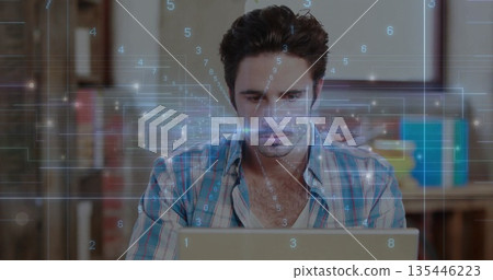 Analyzing data software developer typing code on laptop at home office desk, with digital overlays Analyzing data software developer typing code on laptop at home office desk, with digital overlays 135446223