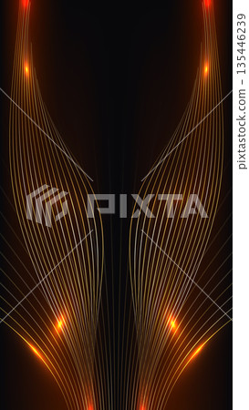 Golden abstract background with elegant light curves and symmetrical fluid lines on black background 135446239