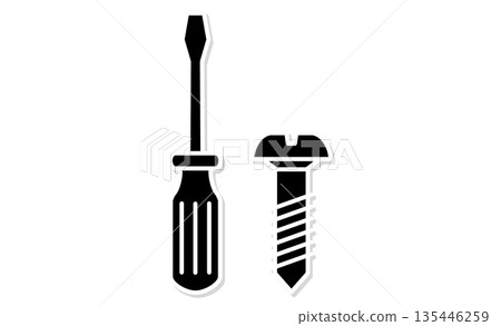 Technology lesson: Line drawing icon illustration of tools (driver) and screws Technology lesson: Line drawing icon illustration of tools (driver) and screws 135446259