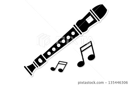 Subject icon: Simple monochrome illustration icon of music (recorder and musical notes) 135446306