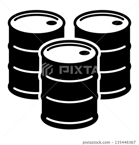 Simple black and white icon of three oil drums 135446367