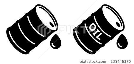 黑白簡筆畫，描繪油桶洩漏原油的場景 135446370