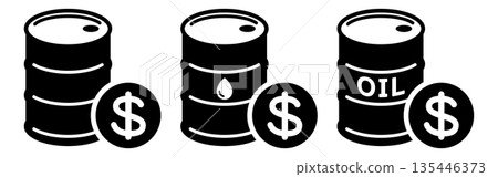 Black and white simple icon of crude oil drum and dollar sign 135446373