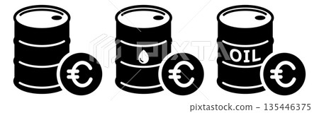 原油桶和歐元符號的黑白簡約圖標 原油桶和歐元符號的黑白簡約圖標 135446375