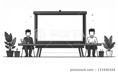 簡潔的單色投影螢幕和人物。扁平化設計象徵著線上會議、培訓和演示。 135446384