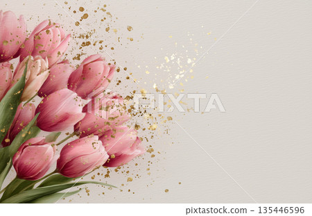 Bouquet of pink tulips with gold accents on a light background during spring season 135446596