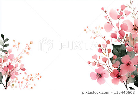 Colorful flowers with pink petals and green leaves arranged on a white background creating a simple design for decoration Colorful flowers with pink petals and green leaves arranged on a white background creating a simple design for decoration 135446608
