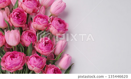 Bright pink flowers arranged on a plain background during a sunny day to celebrate an event or occasion Bright pink flowers arranged on a plain background during a sunny day to celebrate an event or occasion 135446620