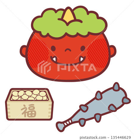 A cute illustration of a smiling red demon and Setsubun items A cute illustration of a smiling red demon and Setsubun items 135446629