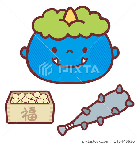 A cute illustration of a smiling blue demon and Setsubun items 135446630