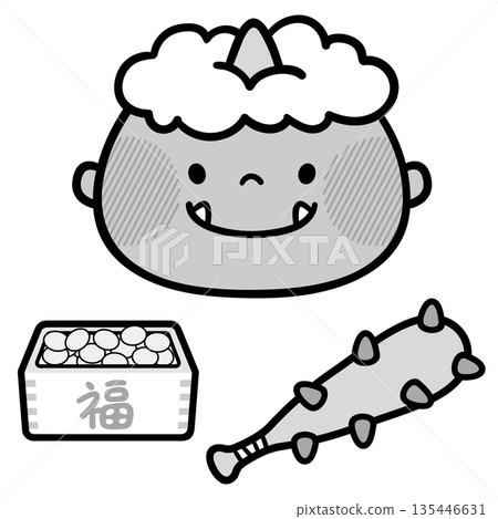 單色插圖，描繪了一個微笑的惡魔和節分物品。 135446631
