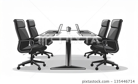 A simple monochrome meeting space with a laptop. Ideal for teleworking and corporate training. 135446714