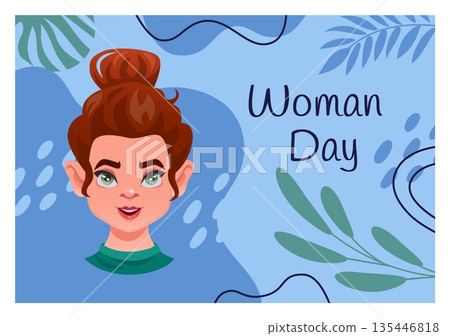 International women day. Happy young girl. Tropical palm leaves. Feminine beautiful portrait. Holiday banner. Attractive face. Female beauty. Abstract botanical shapes. Vector creative greeting card International women day. Happy young girl. Tropical palm leaves. Feminine beautiful portrait. Holiday banner. Attractive face. Female beauty. Abstract botanical shapes. Vector creative greeting card 135446818