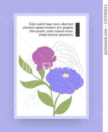 Abstract graphic design frame. Color flowers drawing. Summer blossom. Garden branch. Stem with leaves. Blooming plant. Rose or peony. Botanical flat shapes card. Natural border. Vector floral banner 135446821