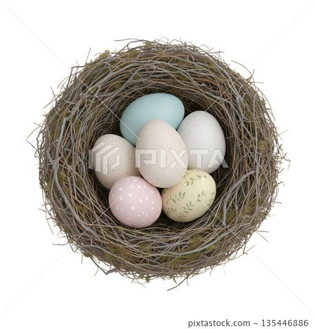 Cozy bird's nest filled with pastel-colored easter eggs, symbolizing spring, new beginnings, and the easter holiday on an isolated background Cozy bird's nest filled with pastel-colored easter eggs, symbolizing spring, new beginnings, and the easter holiday on an isolated background 135446886