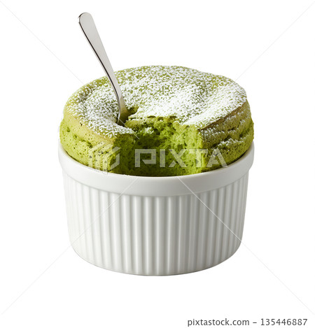 Matcha green tea souffle in white ramekin with a spoon, perfect for japanese desserts and elegant baking Matcha green tea souffle in white ramekin with a spoon, perfect for japanese desserts and elegant baking 135446887