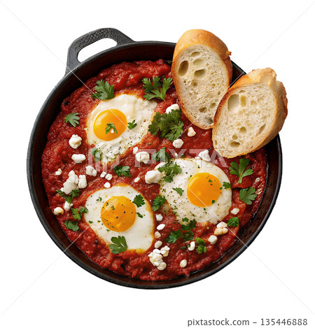Traditional shakshuka dish with poached eggs simmering in rich tomato sauce, served with crusty bread, perfect for brunch or breakfast Traditional shakshuka dish with poached eggs simmering in rich tomato sauce, served with crusty bread, perfect for brunch or breakfast 135446888
