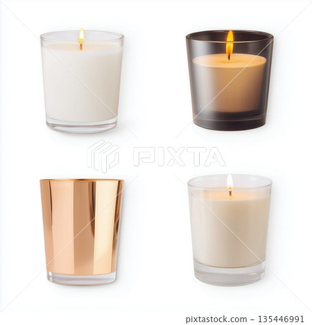 Different variations of candle mockup for branding preview, container candle isolated on white background, unbranded product photo 135446991