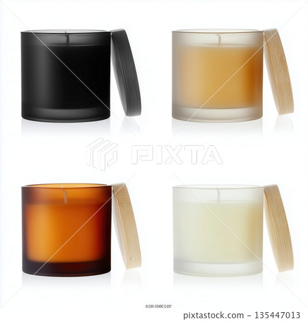 Different variations of candle mockup for branding preview, container candle isolated on white background, unbranded product photo 135447013