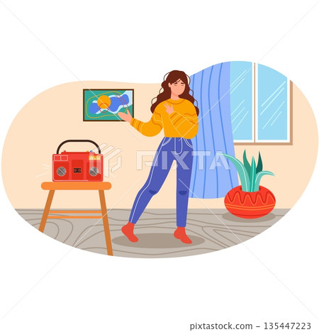 Active woman dancing at home vector illustration Active woman dancing at home vector illustration 135447223
