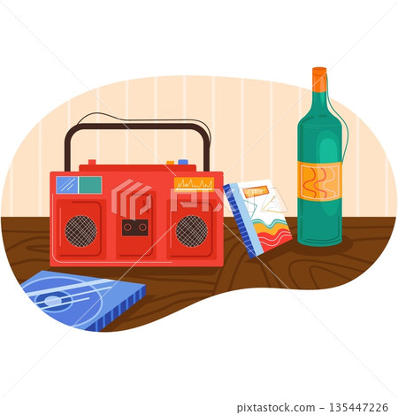 Radio tape recorder, wine bottle for dance party 135447226