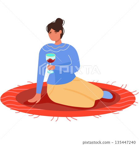 Woman relax drinking wine sitting on mat vector 135447240