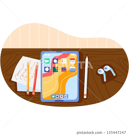 Designer work place vector illustration top view 135447247