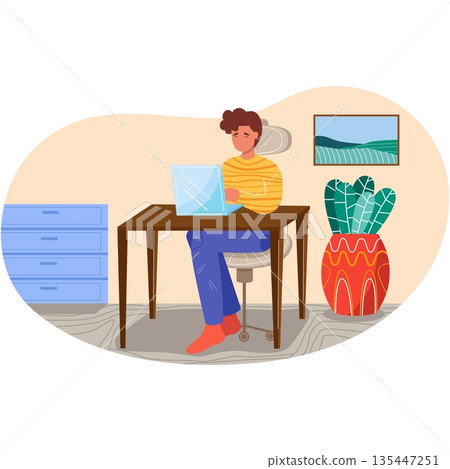 Man office worker sitting at desk work on laptop 135447251